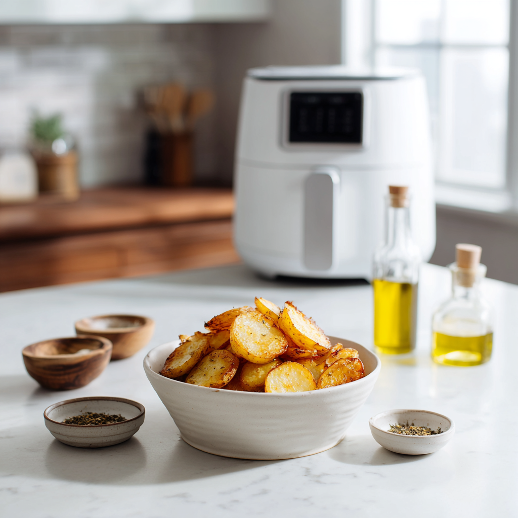 aardappelstukjes uit de airfryer in een mooie moderne keuken met kruiden
